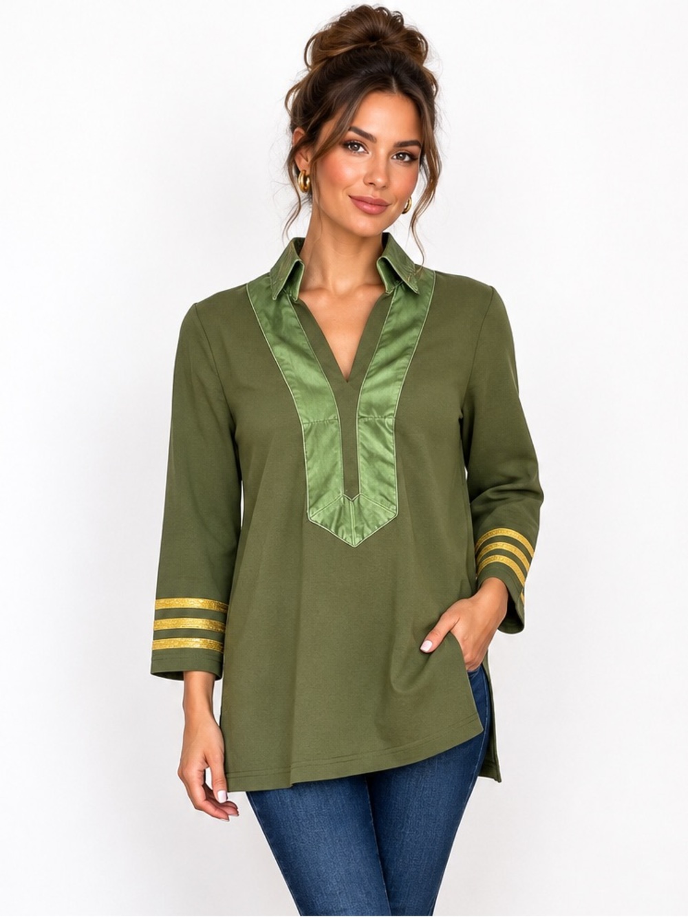 Sail to Sable Olive Green Satin Trim Long Sleeve Tunic Top Golden Trim Small NWT